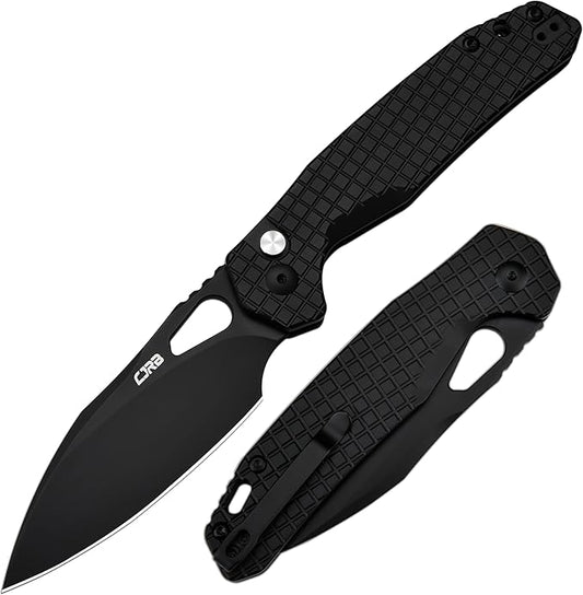 CJRB Frack Pocket Knife, 3.9" AR-RPM9 Steel Blade PVD Coating Frag Pattern Steel Handle EDC Knife, Button Lock Knife for Outdoor Camping Gift, Black (J1931)