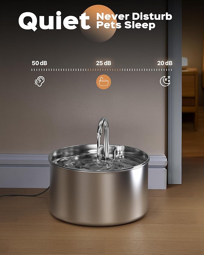 AOOGITF Cat Water Fountain + 6 Filters + 3 Sponges, 304 Stainless Steel Pet Water Fountain, 24 Hours Keep The Water Clean, 74oz Capacity, Ultra-Quiet, No Sputter, Compact, Easy Cleaning