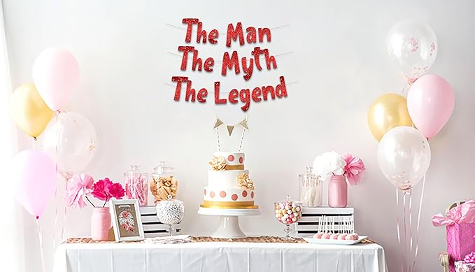 The Man The Myth The Legend Red Glitter Banner – Men’s Birthday, Bachelor Party, Retirement Party Supplies, Gifts and Decorations