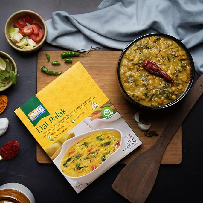Ashoka All-Natural Entrees 1932, Vegan Spinach and Lentils, Microwave Friendly Meals, Authentic Indian Dal Palak, Great for Outdoors, Kosher Certified, Gluten-Free & with No Preservatives, Pack of 5