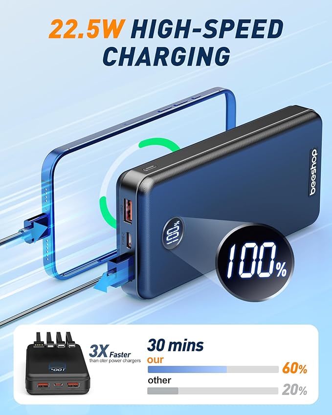 BEESHOP Portable Charger Power Bank - 37000mAh Portable Battery with 4 Built-in Cables, 22.5W Fast Charging Battery Pack Bank Compatible with iPhone 16 15 14 13 Android Samsung Phone etc(1 Pack)