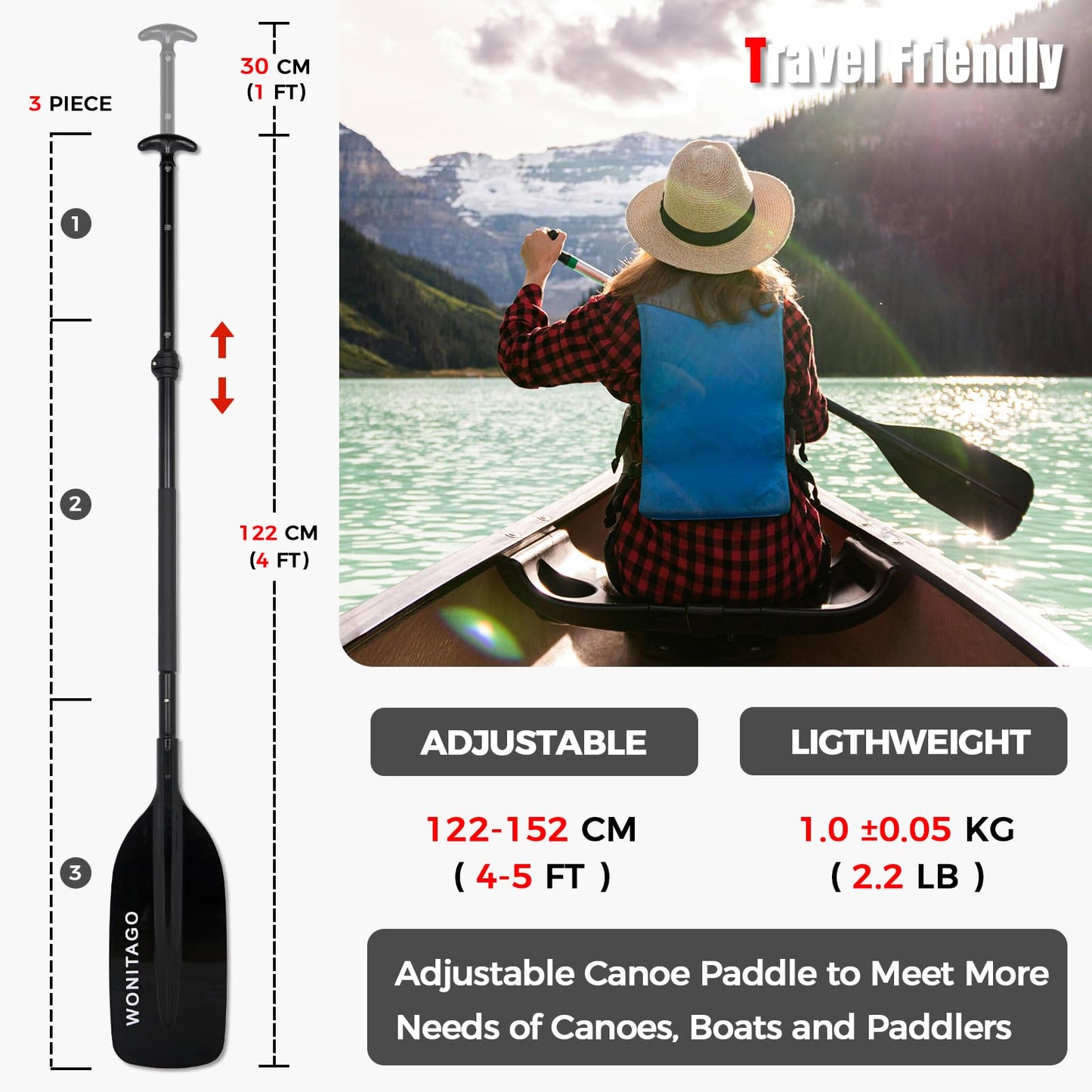 WONITAGO Adjustable Canoe Paddle, Collapsible Boat Paddle, 4-5 FT