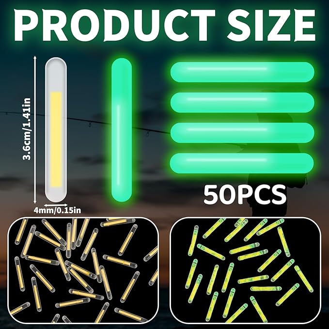 50PCS Small Fishing Float Light Sticks, Fluorescent Dark Glow Stick for Night Fishing, Yellow Fishing Float Light Stick for Bobbers Fish Glow, Fishing Glow Sticks Bulk for Party, Concert