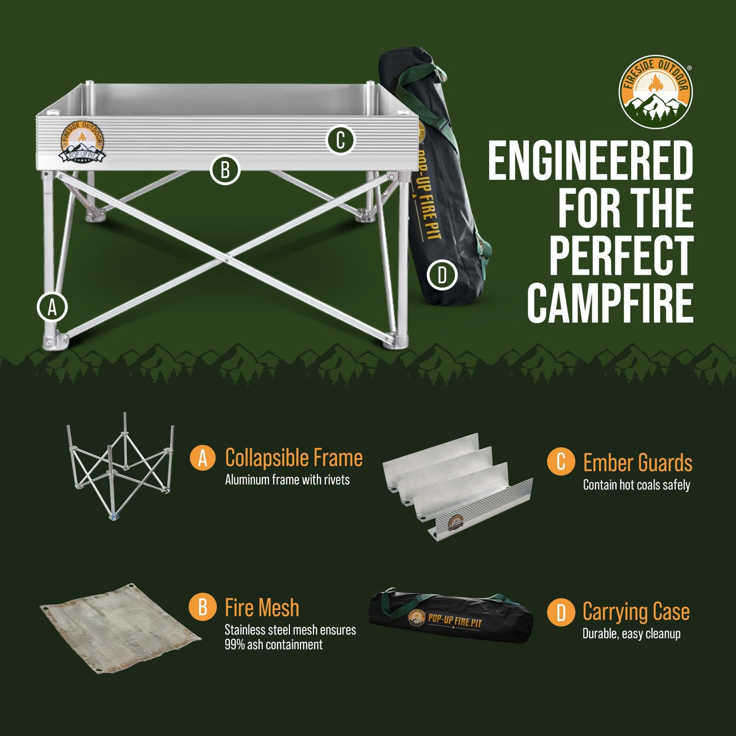 Fireside Outdoor Portable Fire Pit for Camping Fire Pit 24 Inch - Collapsible Pop Up Firepits for