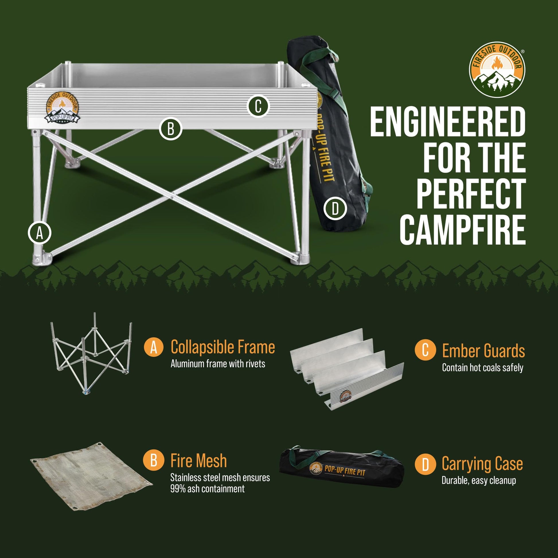Fireside Outdoor Portable Fire Pit for Camping Fire Pit 24 Inch - Collapsible Pop Up Firepits for