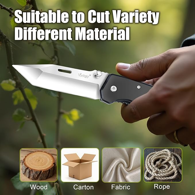 Vickay Pocket Knife, Folding Knife with Clip - 3.54??Tanto Blade, Wood Handle EDC Knife for Men & Women, Outdoor Camping, Tactical, Hiking, Survival - Father?™s Day Gift (Satin Silver)