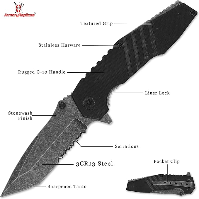 Armory Replicas??Alpha Force Tanto Spring Assisted Knife ??3CR13 Steel Blade, Stonewash Finish, G10 Handle, Pocket Clip ??EDC Folding Knife