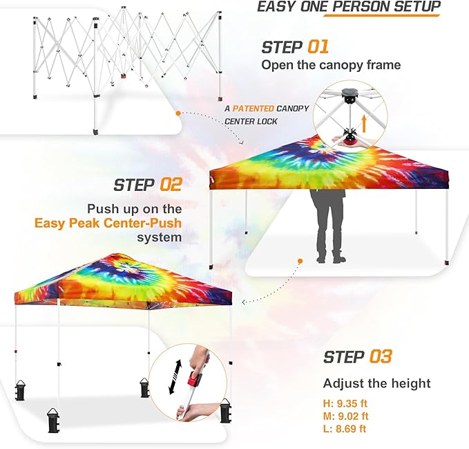 EAGLE PEAK Pop Up Canopy Tent with Wheeled Carry Bag, 8 Stakes, 4 Ropes, 4 Weight Bags, Easy Set Up Tent Canopy, 10x10 ft, 100sqft of Shade, Cosmic Tie Dye