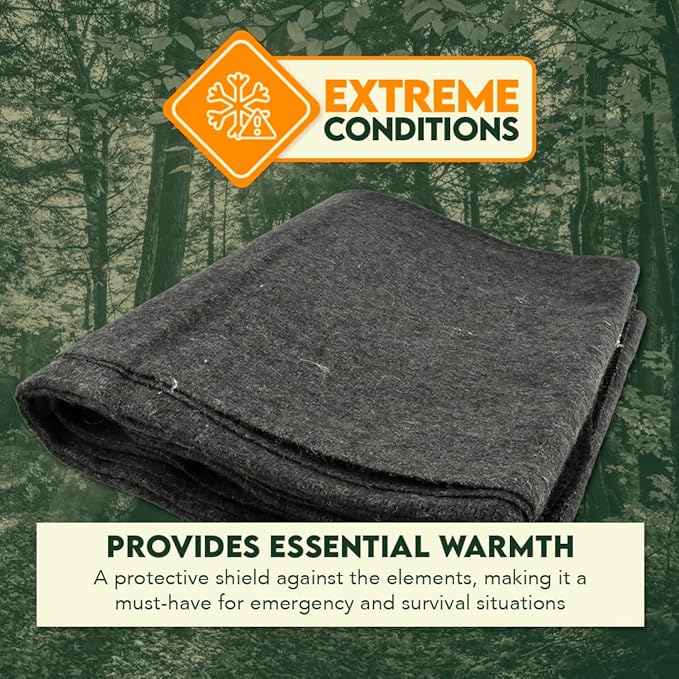 SE 51"x 80" Multipurpose Gray Wool Blanket - 50% Wool, Lightweight 2 lb, Zippered Bag Included - Ideal for Camping, Hiking, Emergency Survival