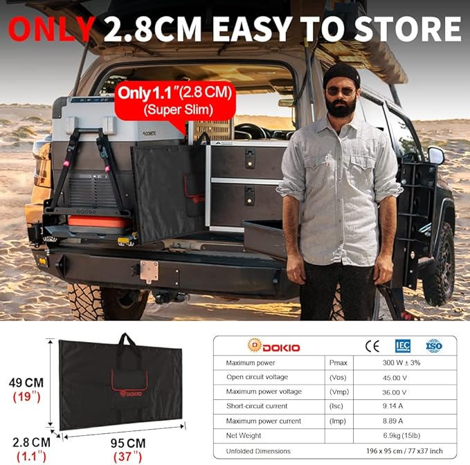 DOKIO 300W 36V Portable Folding Solar Panel Kit for 24V Batteries & Power Stations Lightweight Charger for AGM, LiFePO4, Deep Cycle ??RV, Trailer, Truck, Boat, Camping, Van, Emergency