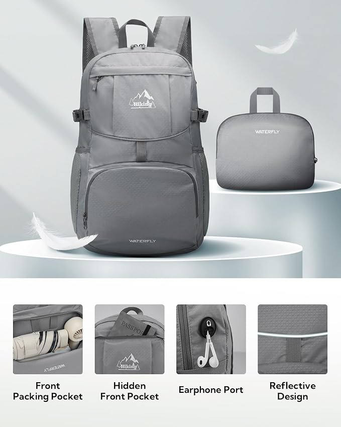 WATERFLY Hiking Foldable Daypack Backpack: 25/35L Ultra Lightweight Packable Waterproof Outdoor Travel Day Pack for Women Men