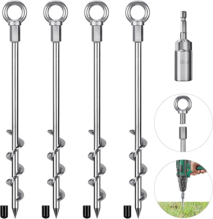 4 Pack Tent Stakes, 12 Inch Heavy Duty Ground Anchors, Fully Welded Spiral Earth Anchors for Camping Tents, Trampolines, Sheds, Swing Sets, Securing Animals
