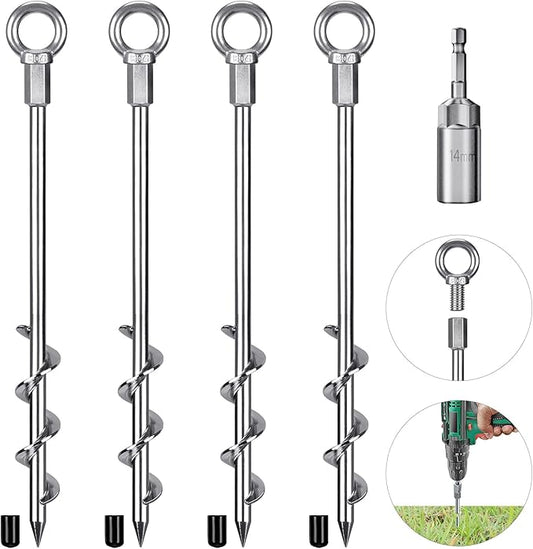 4 Pack Tent Stakes, 12 Inch Heavy Duty Ground Anchors, Fully Welded Spiral Earth Anchors for Camping Tents, Trampolines, Sheds, Swing Sets, Securing Animals