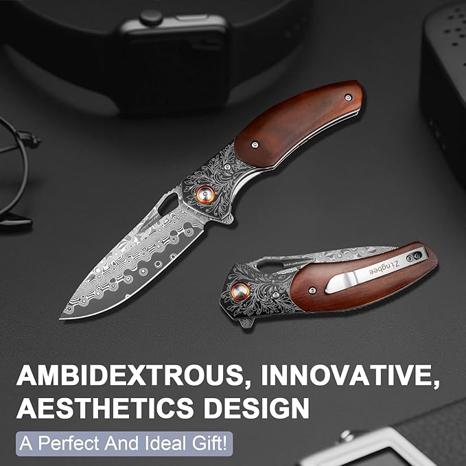Damascus Pocket Knife with Sheath, 3.35" Damascus Steel Blade Knife with Wooden Handle, EDC Pocket Knives & Folding Knives for Outdoor Camping, Ideal Gifts for Men Women