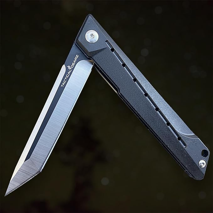 TACTICAL GEARZ Pocket Folding Knife for EDC, G10 Handle, D2 Steel Tanto Blade, Includes Sheath (Nyx Shadow)