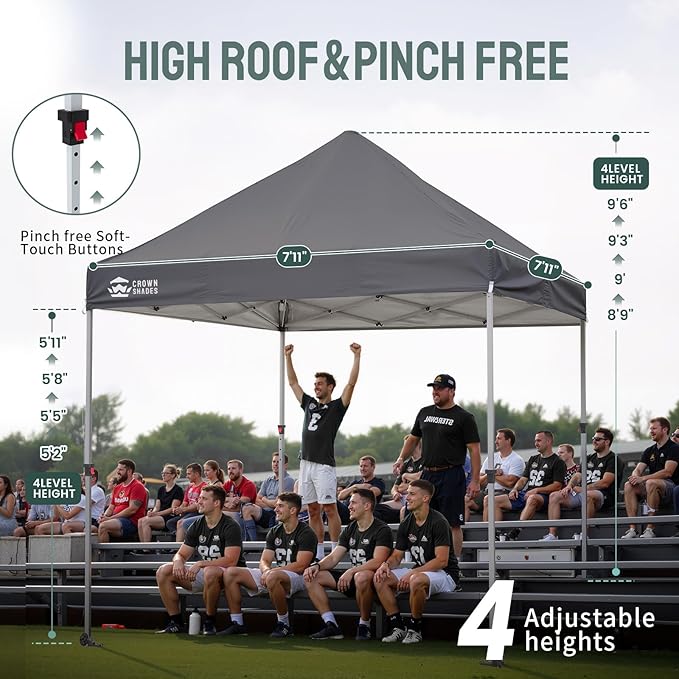 CROWN SHADES Pop Up Canopy Tent, 8x8 Commercial Canopy Tent with 4" Wheels, 4 Upgraded Weights, Patented Centerlock, 400D Strength Oxford Fabric, Sto'N Go Bag, Gray