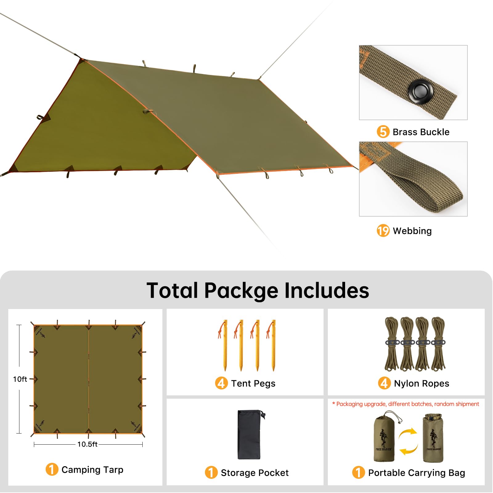 FREE SOLDIER Waterproof Camping Tarp Shelter Awning(Brown 10×10.5ft)