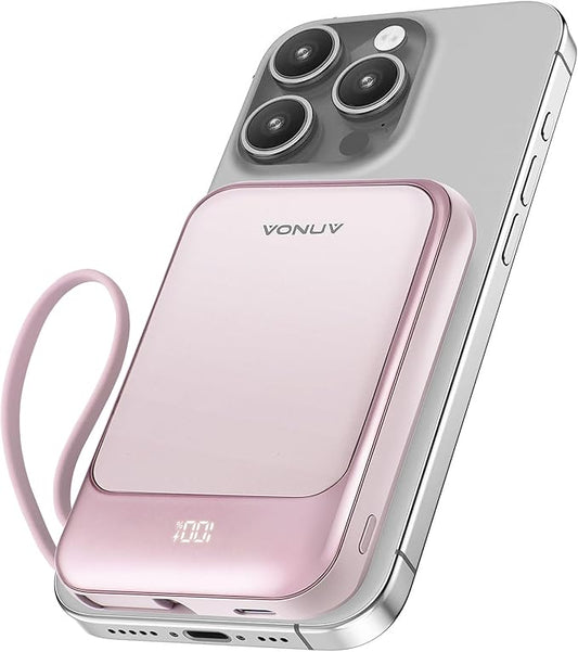 Magnetic Power Bank 10000mAh, Wireless Portable Charger with 15W Max Fast Charging & Built-in USB-C Cable, 22.5W PD LED Display Battery Pack Compatible with iPhone 16/15, Samsung Galaxy(Pink)