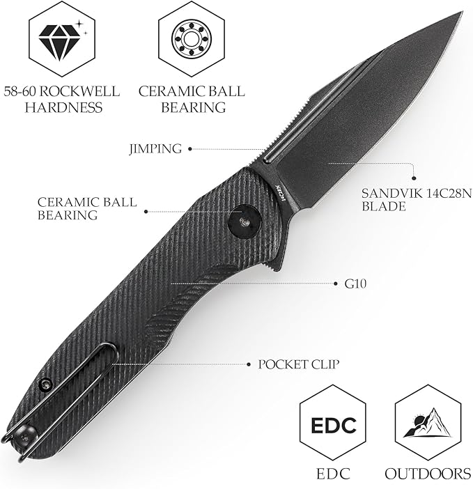 Knives，EDC Pocke Knife with Clip，Folding Flipper Knife for Menï¼?.26" 14C28N Steel Blade（PVD Blackwash），G10 Scales，Outdoor Camping Tool - Antliae-03BG
