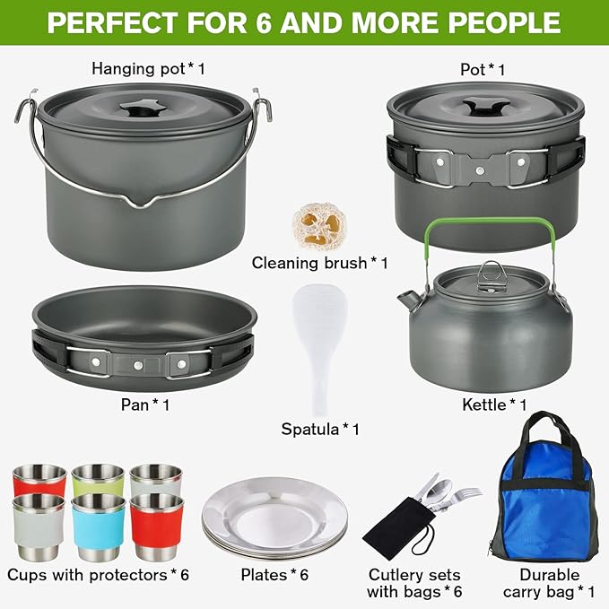 MEETSUN Camping Cookware Set - 37 PCs, Large Size Hanging Pot with Camping Pots and Pans, Camp Cooking Set for 6 People, Mess Kit with Cups, Dishes, Forks, Spoons, Knives for Outdoor Picnic