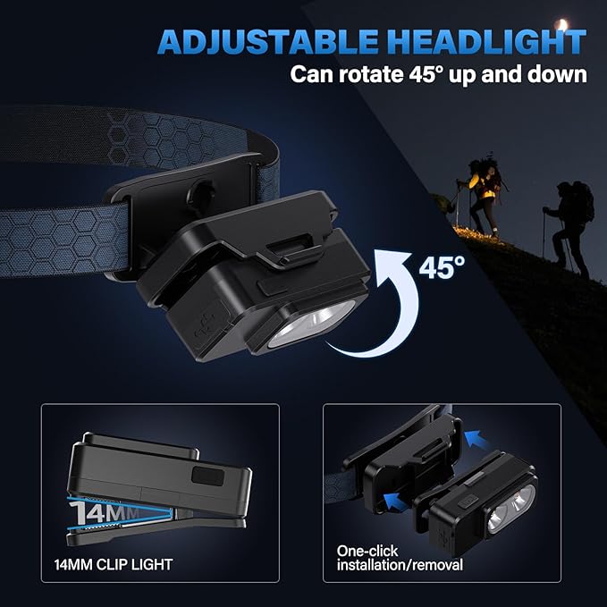Headlamp Rechargeable 2PCS，Super Bright Motion Sensor Head Lamp with 8 Modes ，Head Lights for Forehead with Clip & Magneticï¼?IPX7 Waterproof Head Flashlight for Camping, Hunting，Hard Hat