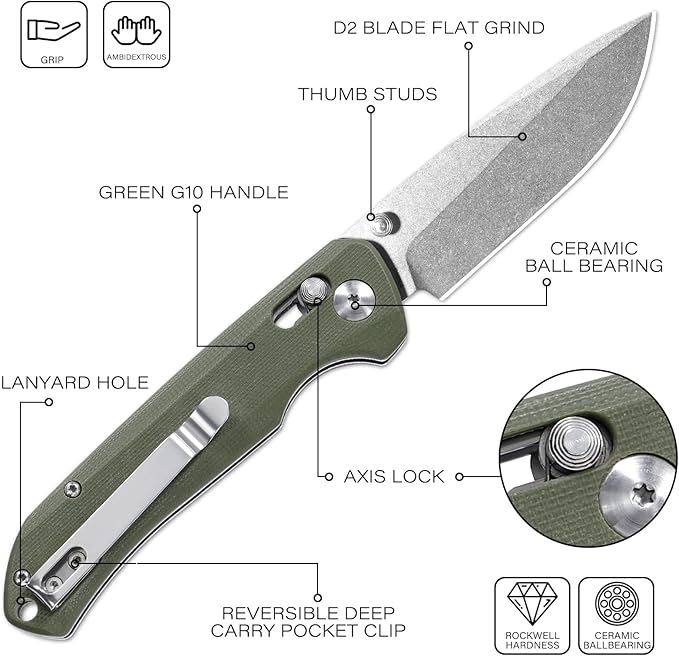 Axis Lock Folding Pocket Knife with Clip, 3.46" D2 Steel Drop Point Blade and G10 Handle, Crossbar Lock EDC Pocket Knife for Men Women Hiking Camping Hunting Survival Knives