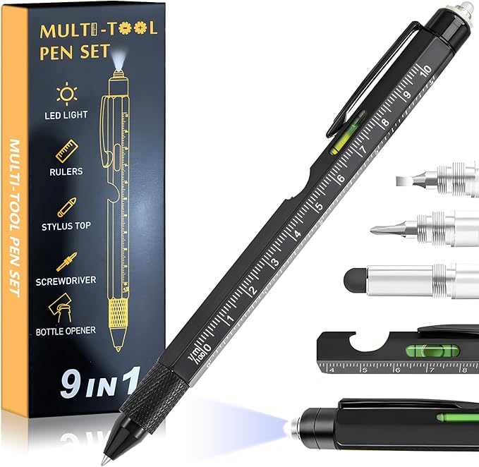 Christmas Gifts Stocking Stuffers for Men,Multitool Pen 9 in 1 Innovative Gift for Men,with LED Light,Ruler, Stylus,Bubble Level,Screwdrivers,Unique Gifts Gadgets for Him,Boyfriend,Husband