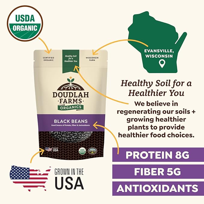 Organic Dried Black Beans 5 lb, Unsalted, Low-Sodium, Non-GMO, Farmed From Regenerative Soil, Tested Clean Certified ??Rich in Fiber & Protein ??Perfect for Soups, Burritos, Salads & Chili by Doudlah Farms