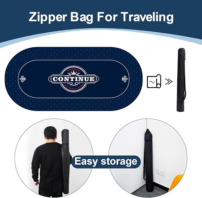 CONTINUE Upgraded Waterproof Poker Mat 8 Players Texas Hold'em Poker Mat Professional Poker Mat Anti-Slip Rubber Poker Table Top Layout with Carrying Bag for Poker Games, Blackjack, Casino（70 x 35 ）