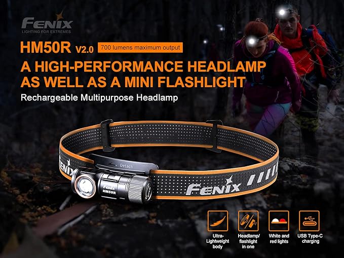 Fenix HM50R V2 700 Lumen Rechargeable White/red LED Multipurpose Headlamp with EdisonBright Accessory case Bundle