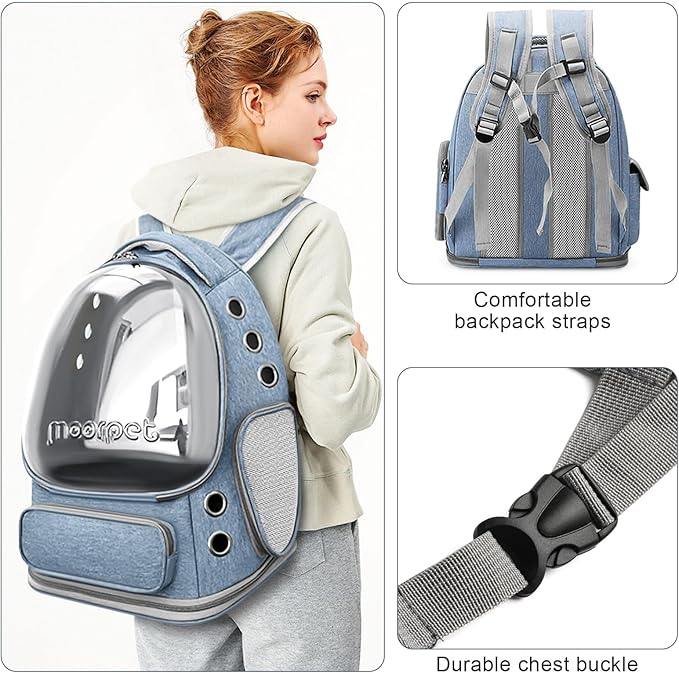 Cat Backpack Carrier, Breathable Cat Bubble Backpack Large Space Cat Carrier Backpack for Kitty Small Dog, Foldable Airline Approved Cat Backpack, Transparent Pet Travel Backpack Up to 20 lbs (Blue)