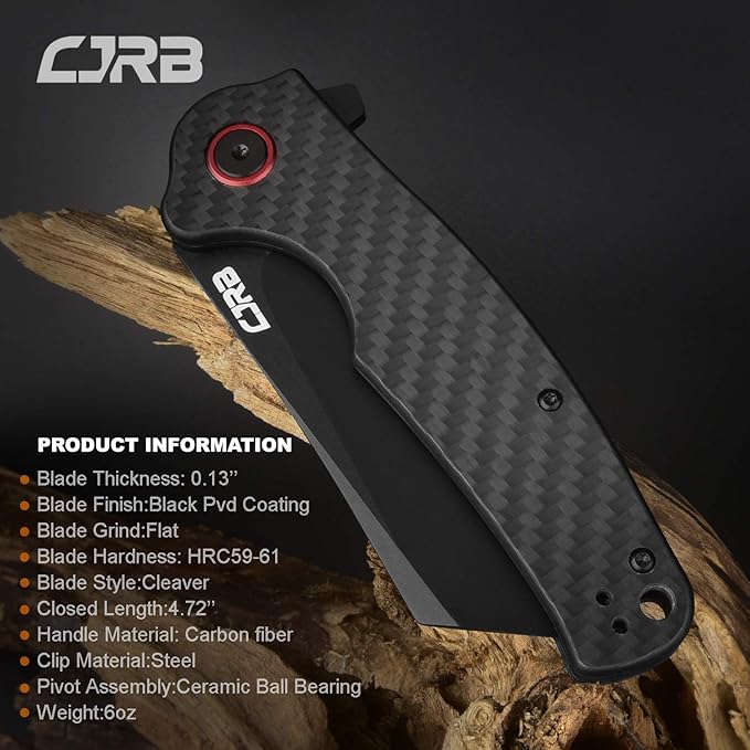 CJRB Crag Folding Pocket Knife, 3.43" AR-RPM9 Steel Blade Carbon Fiber Handle EDC Knife with Pocket Clip for Men Women Camping Survival Hiking, Black (J1904)