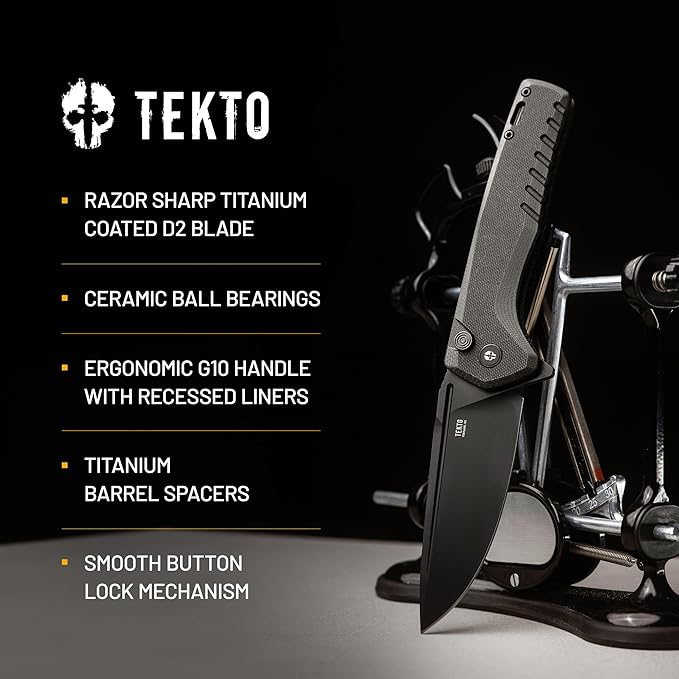 F3 Charlie Button Lock Folding Knife, Oversized Fine Edge Blade, Tactical Black G10 Handle - Easy Open Pocket Knife with Titanium Coated D2 Steel & Black Titanium Barrel Spacers