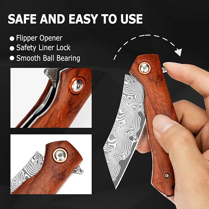 AUBEY Pocket Knife for EDC, 3.15" VG10 Core Damascus Steel Blade Folding Knife with Wood Handle, Liner Lock, Clip, Gift/Collection for Men Women