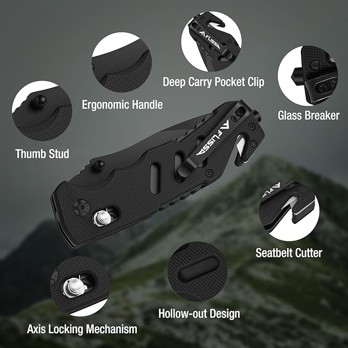 FLISSA Folding Pocket Knife with Clip, Glass Breaker and Seatbelt Cutter, Survival Knife for Emergency Rescue Situations, EDC Knife for Tactical, Hunting, Camping, Outdoor, Unique Gifts for Dad, Father-Black