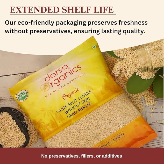 Darsa Organics Urad Dal Split Without Skin (Urad Mogar) 2lb ??USDA Organic White Matpe Split Lentils | Non-GMO, Plant-Based Protein, Kosher | Great for Dosa Batter, Soups, & Stews