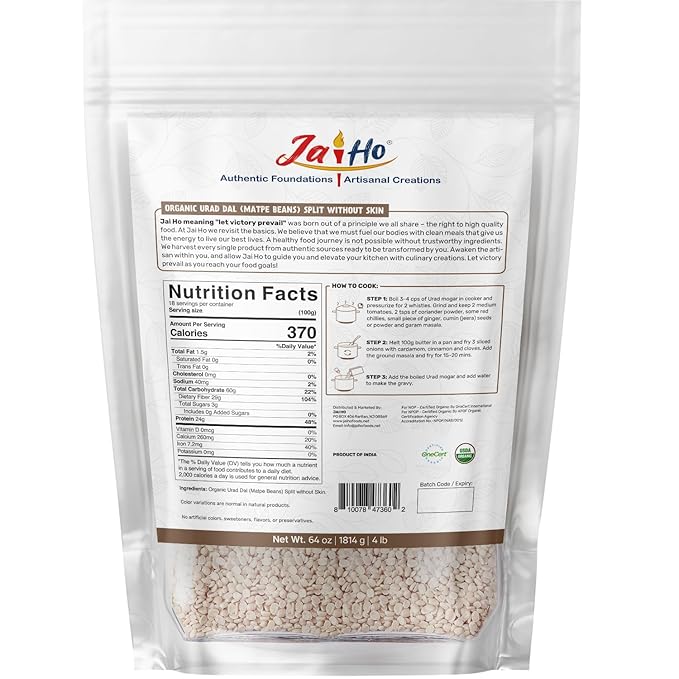 Jai Ho Certified Organic Kabuli Chana Garbanzo Beans 4 lb | Chickpeas Lentils | Indian Kabuli Chole Chana | USDA Organic | Non-GMO | Chemical-Free | Premium Quality Kosher (4 Pound, Urad Mogar Dal (W/O Skin))