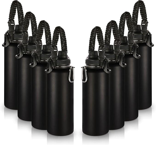 Volhoply Insulated Water Bottles Bulk 8 Pack, 40 oz Stainless Steel Sports Bottle with Paracord Handle & SpoutLid, Double Walled Metal Cups with Wide Mouth, Reusable Adult Water jug (Black,8 Set)
