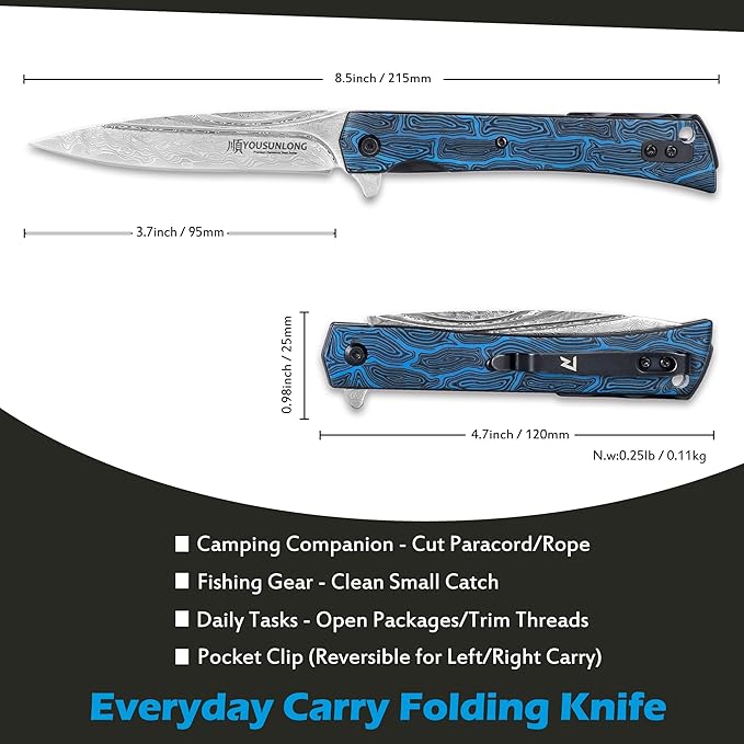 YOUSUNLONG Camping Folding Knife - Hammered Damascus Steel Blade Overall 215mm - Blue Damascus texture G10 Cover