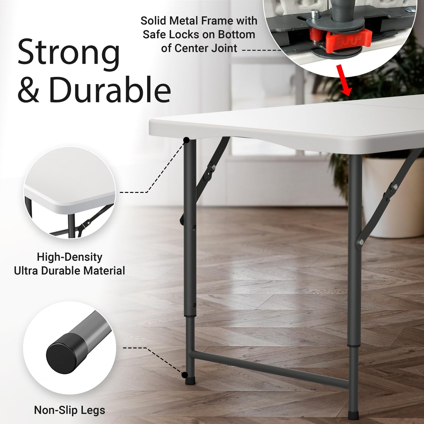 4 Feet Foldable Table Adjustable Height with Built in Handle, Steel Legs | 4FT Heavy Duty Portable
