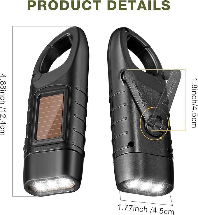 Mudder 4 Pack Hand Crank Solar Powered Flashlight Emergency Rechargeable Led Flashlight Survival Gear Self Powered Charging Torch for Hiking Backpack Camping Safety Emergency Pack (Green, Black)
