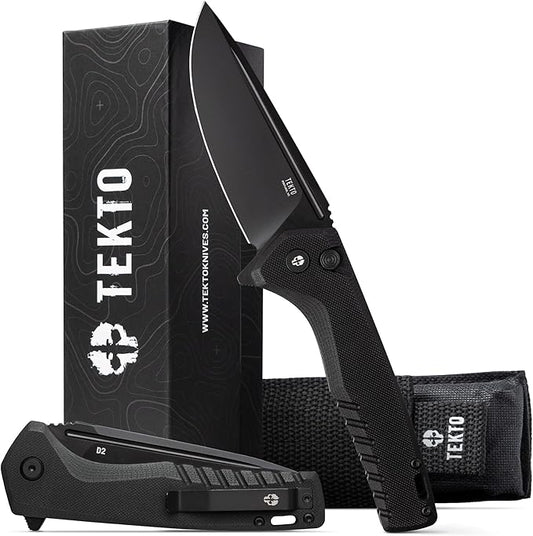 F3 Charlie Button Lock Folding Knife, Oversized Fine Edge Blade, Tactical Black G10 Handle - Easy Open Pocket Knife with Titanium Coated D2 Steel & Black Titanium Barrel Spacers