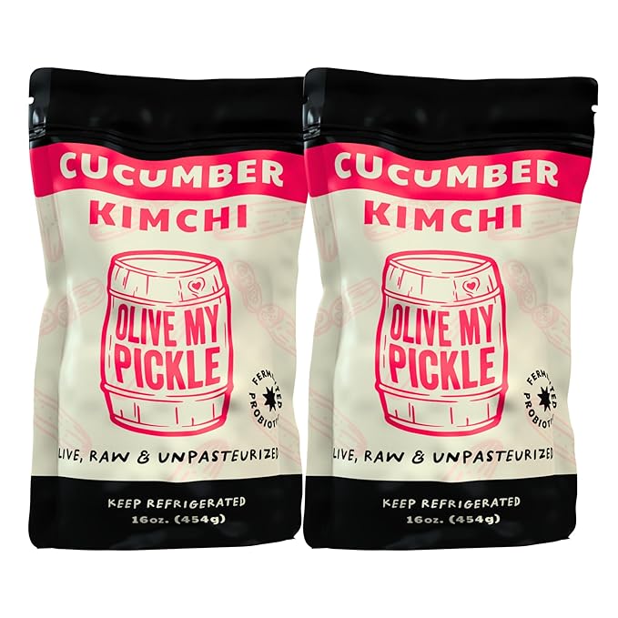 Olive My Pickle Organic Kimchi Fermented - 32 oz | 2-Pack of Probiotic Cucumber Kimchi Vegan | Fresh Korean Kimchi with Natural Probiotics for Gut Health - Perfect for Ramen & Spicy Kimchi Noodles