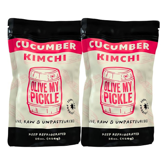 Olive My Pickle Organic Kimchi Fermented - 32 oz | 2-Pack of Probiotic Cucumber Kimchi Vegan | Fresh Korean Kimchi with Natural Probiotics for Gut Health - Perfect for Ramen & Spicy Kimchi Noodles
