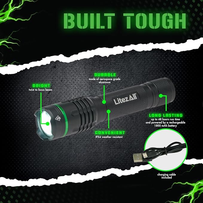 LitezAll 1000 Lumen Thin Rechargeable Tactical Flashlight, Slim Compact LED Flashlight with USB Charging, High-Power Pocket Light for EDC, Work, Camping, and Emergency Use