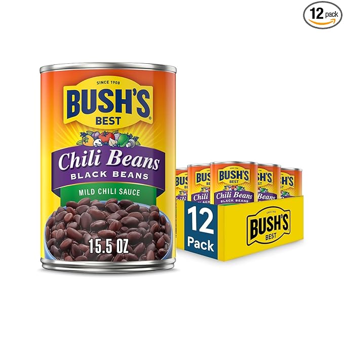 BUSH'S BEST 15.5 oz Canned Black Chili Bean/Mild, Source of Plant Based Protein and Fiber, Low Fat, Gluten Free, (Pack of 12)