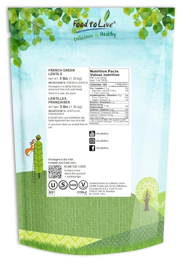Food to Live French Green Lentils, 3 Pounds ??Whole Dry Beans, Raw, Sproutable, Vegan, Kosher, Bulk. Deep Peppery Flavor. Rich in Plant-Based Protein. Great Base for Soups, Chili, and Curries.