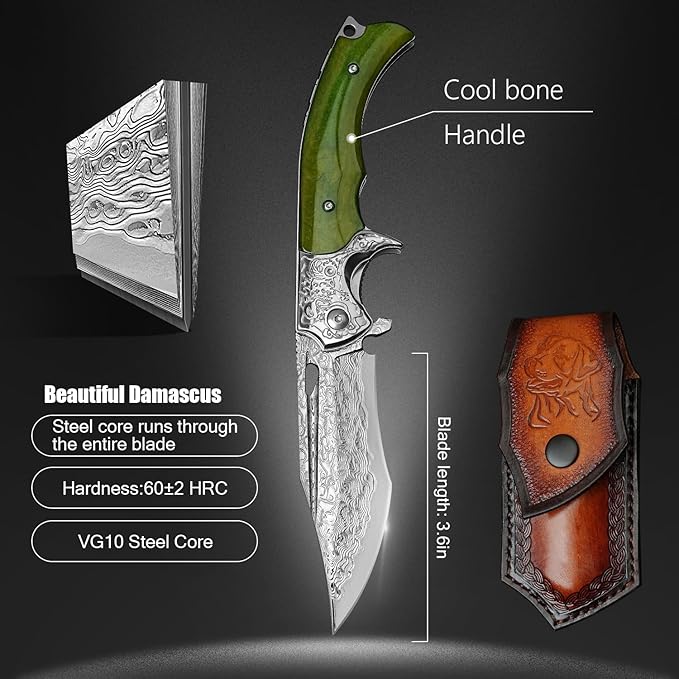 Damascus Steel Folding Knife, 3.6 '' VG10 Sandwich Damascus Steel bone Handle with Pocket Clip, for Camping and Travel EDC
