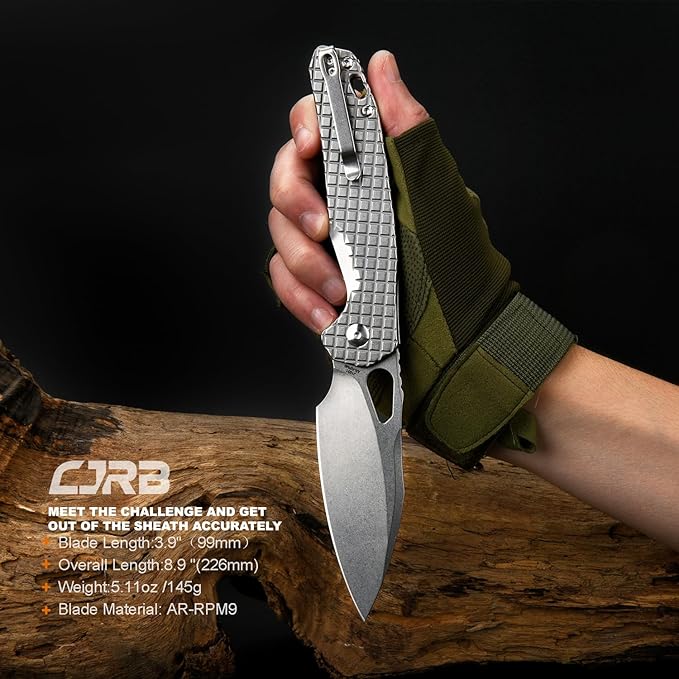 CJRB Frack Pocket Knife, 3.9" AR-RPM9 Steel Blade PVD Coating Frag Pattern Steel Handle EDC Knife, Button Lock Knife for Outdoor Camping Gift, Stonewash (J1931)