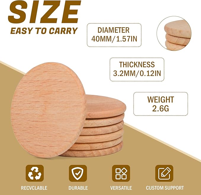 30-1000pcs 40mm Custom Wooden Drink Tokens,Double-Sided Laser Engraved with Logo,Text or Images,Personalized Round Wood Chips for Bars,Weddings,Parties,Corporate Events Promotions